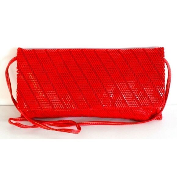 Unbranded Handbags - VTG RED MESH GENUINE LEATHER STRAP FLAP MIRROR INSIDE SHOULDER BAG PURSE CLUTCH